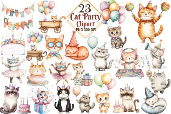 Download Cat Party Watercolor Clipart - Party Collection